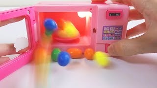 Learn Colors Toy Microwave | Pop Up M&Ms Pom Poms Jelly Slime Hello Kitty Surprise Egg Straw