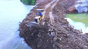 Great Project! Best Action Of Bulldozer Pushing Soils At Build a Dam Road Many Trucks Unloading