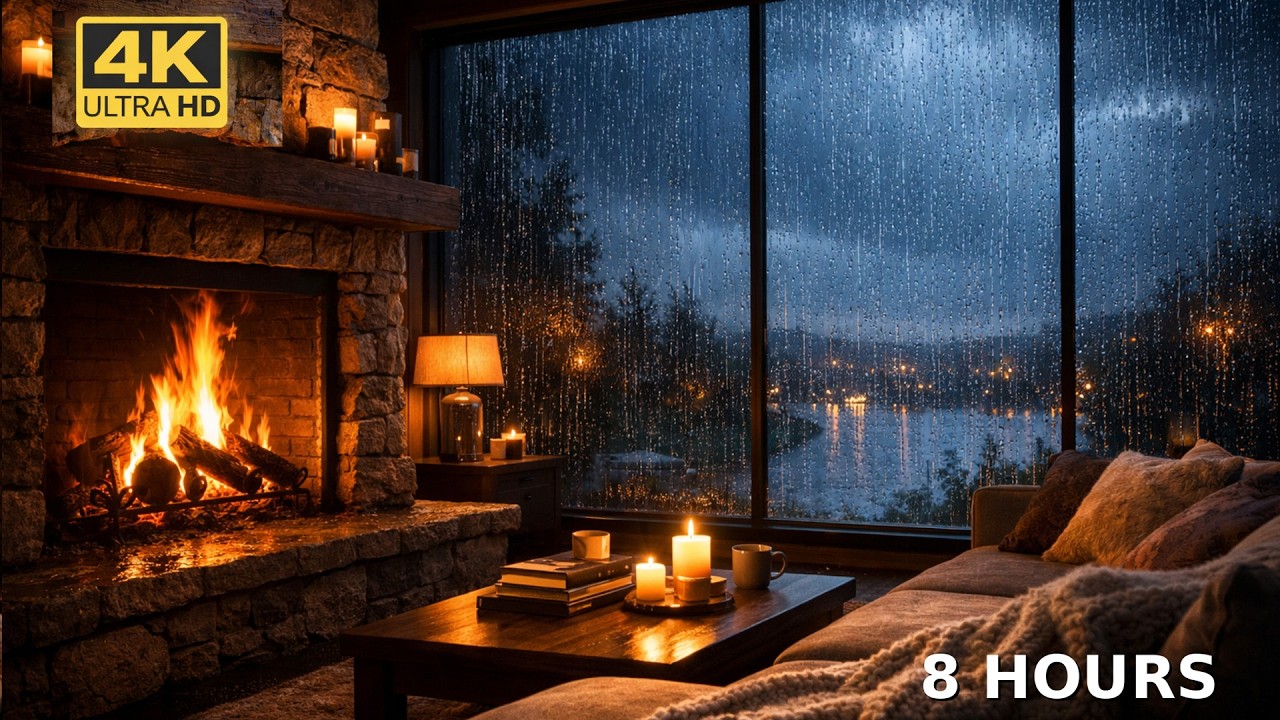 🔥 Cozy Fireplace with Rain Sounds | 8 Hours Relaxing Ambience for Sleep & Relaxation (4K Ultra HD)