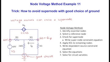Node Voltage Method Example 11 - (Trick: How to avoid supernode with good choice of ground)