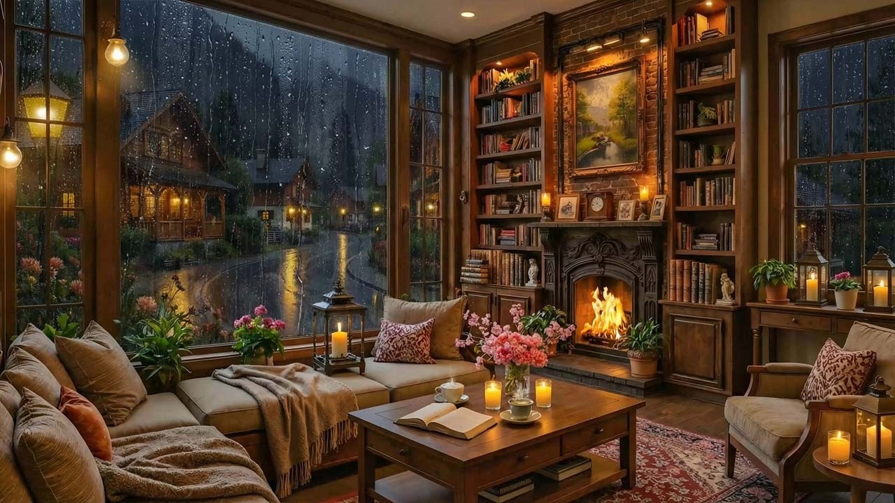 Soothing Rainy Coffee Shop by the Warm Fireplace Ambience | Gentle Piano Jazz for Reading & Working