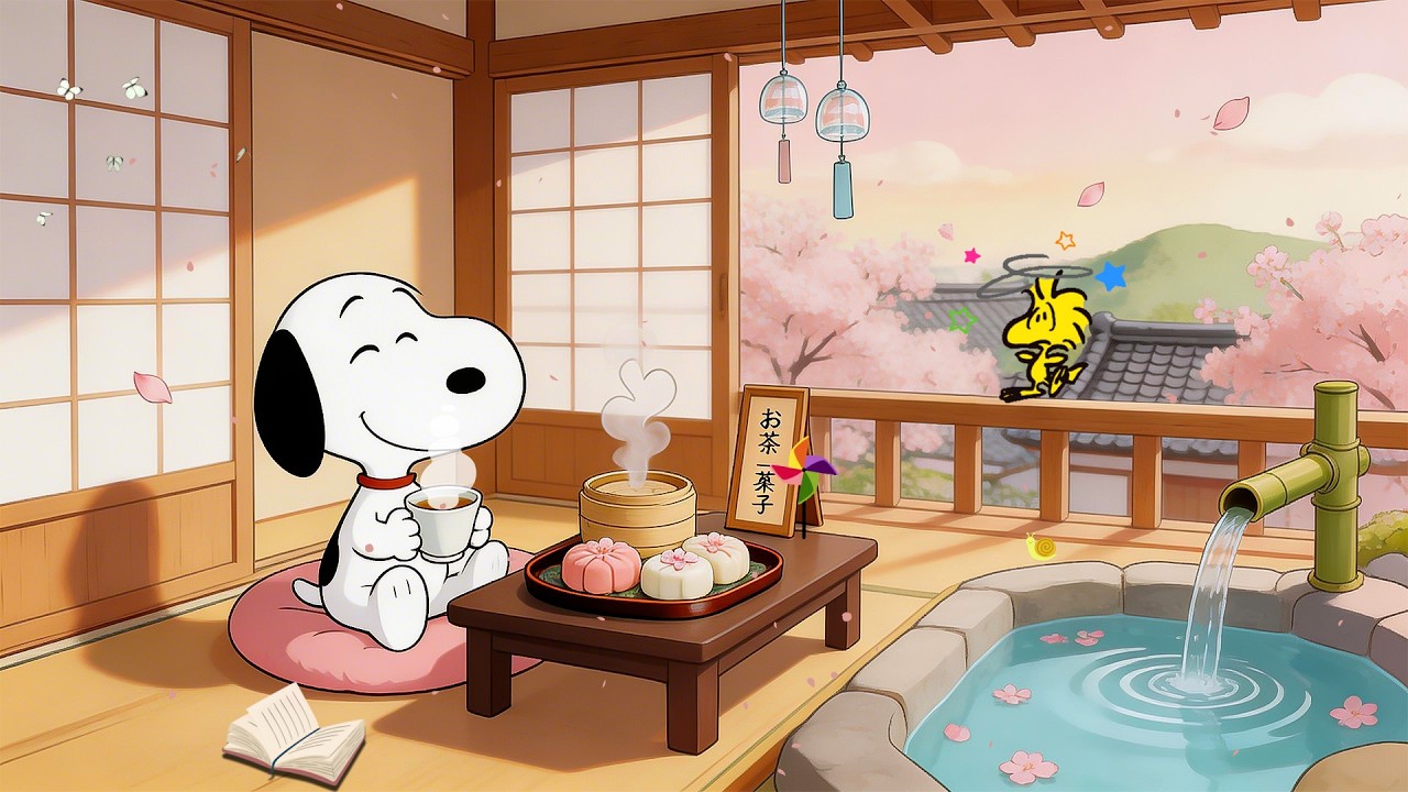 Snoopy’s Spring Onsen Tea Time 🌸 Cozy Japanese House Lofi for Relaxing & Study