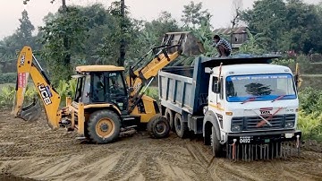 JCB Backhoe Loader Machine Loading Soil in Dump Truck - JCB 4x4 Working Mood