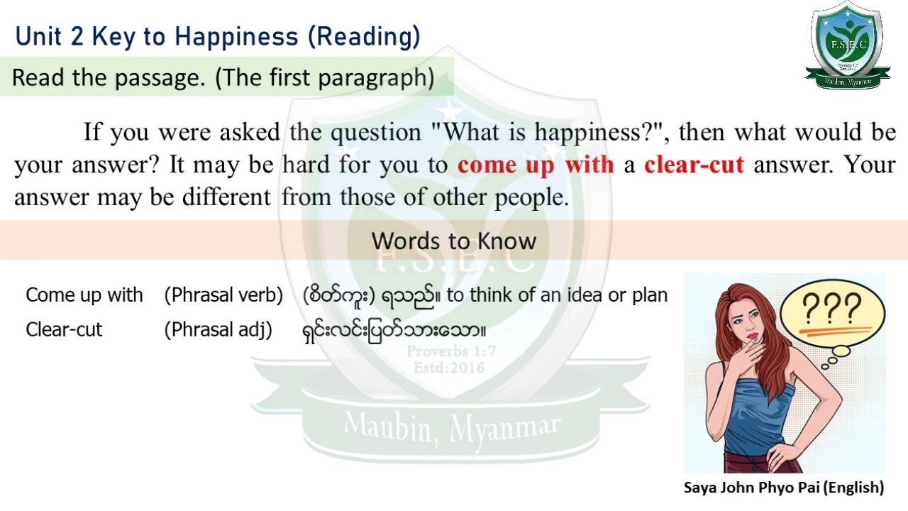 Unit 2, Key to happiness, Part 1,(Grade 12 စနစ်သစ် English)