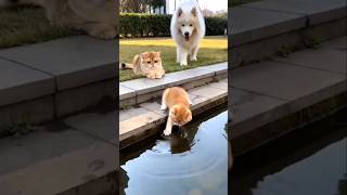 Cat, push the dog into the water🫢#cat #dog #shorts
