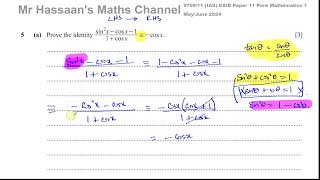P1 (CAIE), 9709/11/M/J/24, June 2024, Paper 11, Q5, Trig Identities & Equations