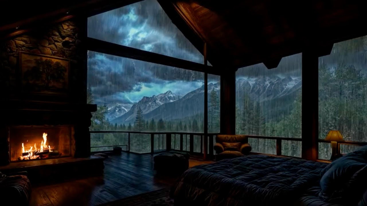 Cozy Forest Cabin in the Rain | Crackling Fireplace & Thunder Sounds ...
