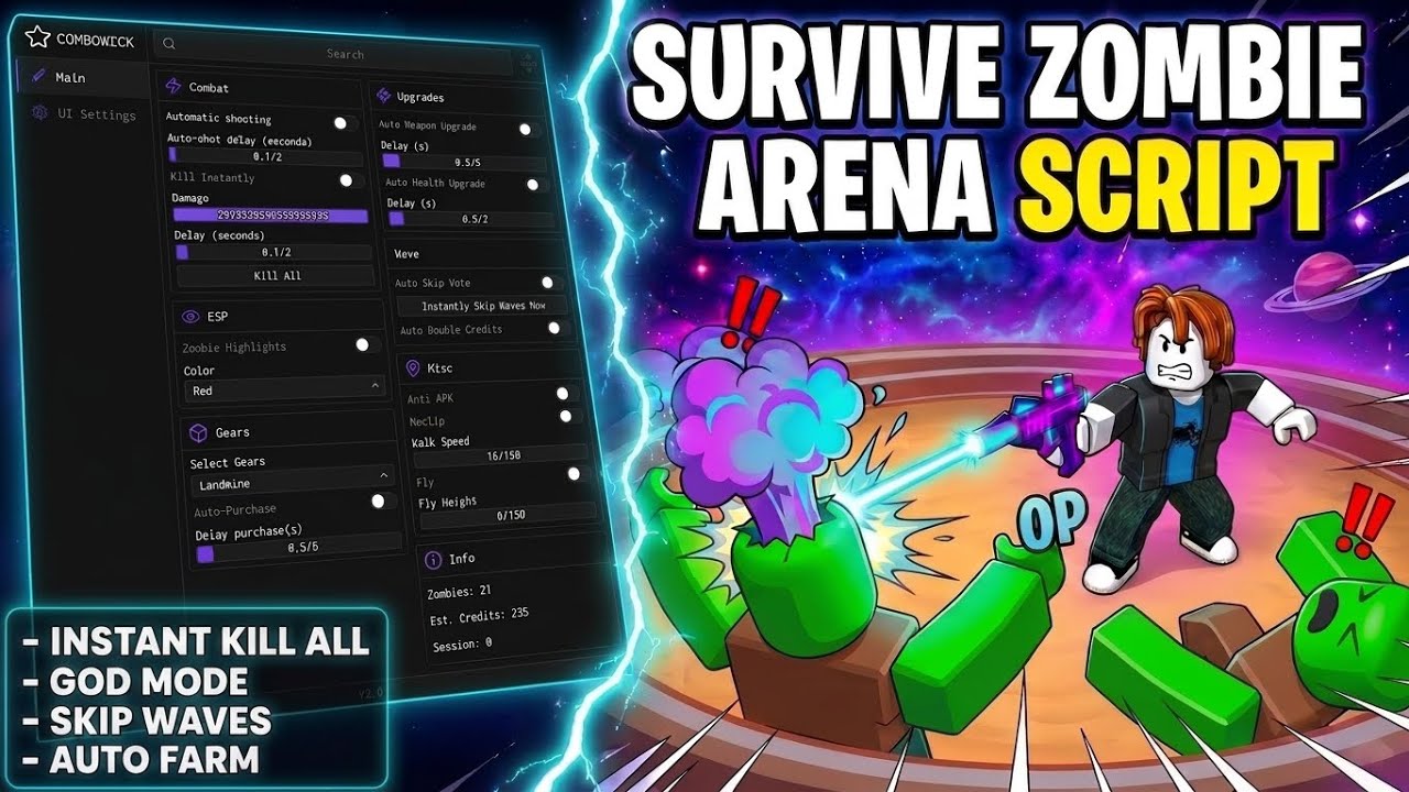 Survive Zombie Arena Script 2026 — Instant Kill All, God Mode