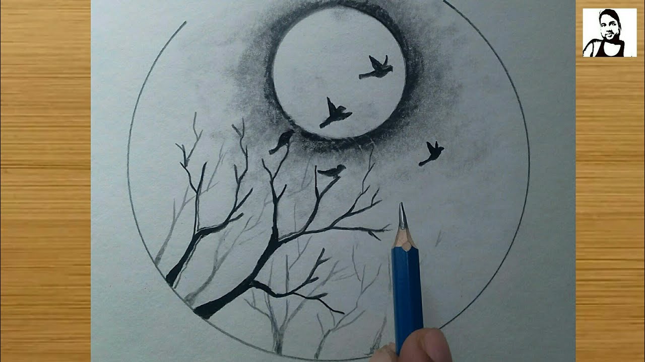 easy Moonlight scenery drawing with flying birds step by step ...