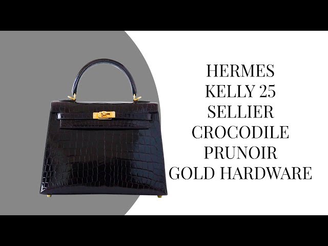 Hermes Kelly 25 Bag Sellier Crocodile Prunoir Gold Hardware • MIGHTYCHIC •  