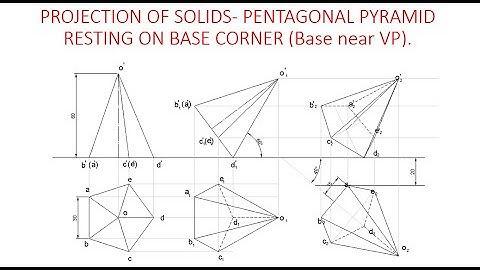PROJECTION OF SOLIDS-PENTAGONAL PYRAMID (Resting on corner of base  with base  near to VP.)