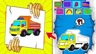 Assemble &amp; Color Match Dump Truck Parts According To The Blueprint Design 😲📐 | Funny Vehicles Puzzle