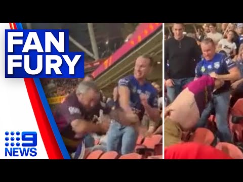 Anzac Day disrespect sparks wild brawl between fans at NRL game | 9 News Australia