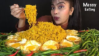 EATING SPICY INSTANT MAGGI NOODLES WITH HALF FRY EGGS AND GREEN CHILLIES | MESSY EATING SHOW MUKBANG