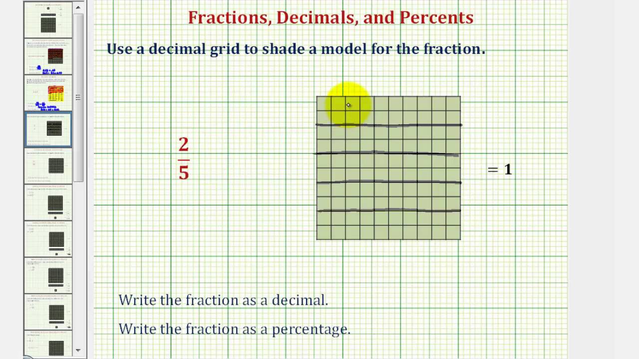 Ex 22: Write Fraction as a Decimal and Percent using Decimal Grid Model