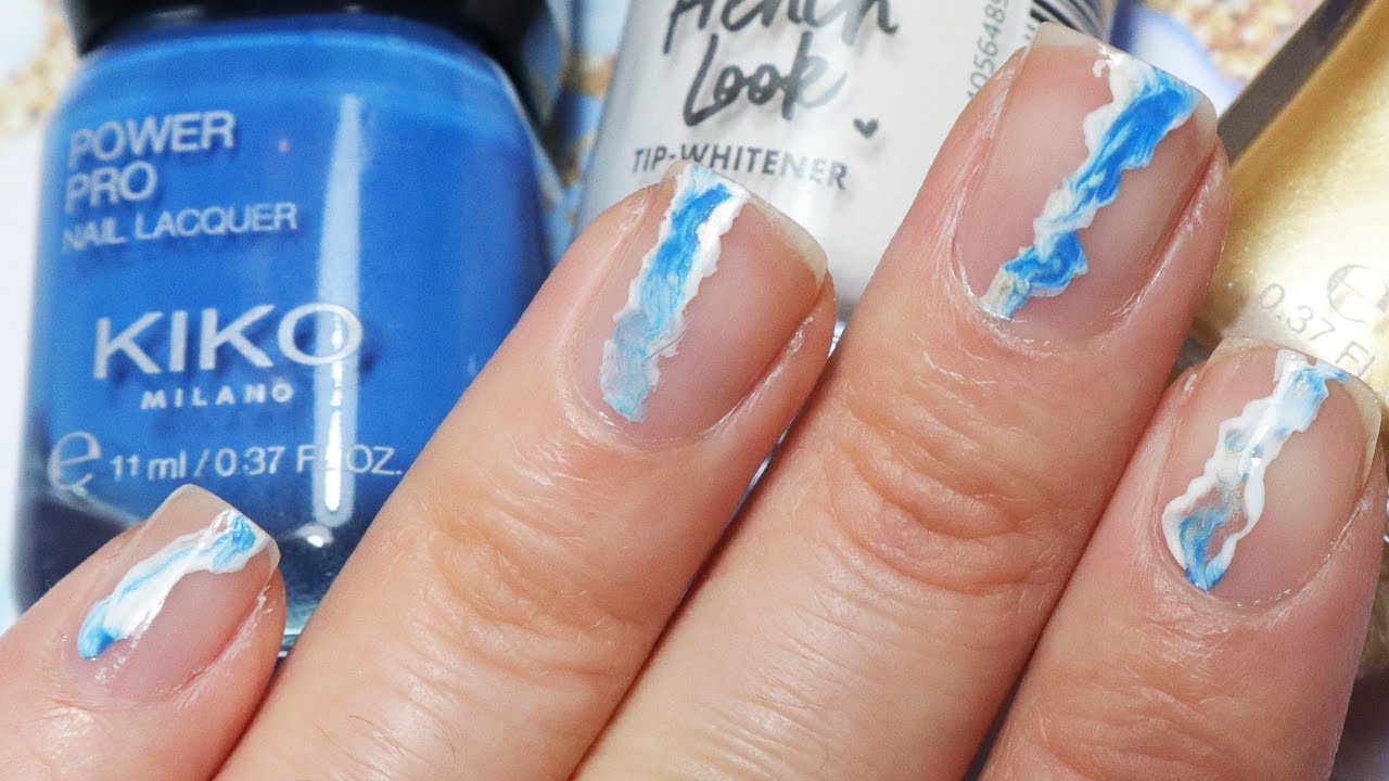 Easy Marble NEGATIVE SPACE Nail Art / White, Blue and Gold Nails / EASY Nails at Home