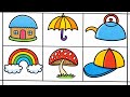 Easy Drawing for Kids | Simple Objects Drawing | Umbrella, House, Rainbow, Cap,Mushroom, Kettle. 