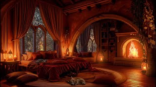 Nighttime Thunderstorm in a Cozy Castle Bedroom  Rain and Fireplace Sounds with Dog and Cat