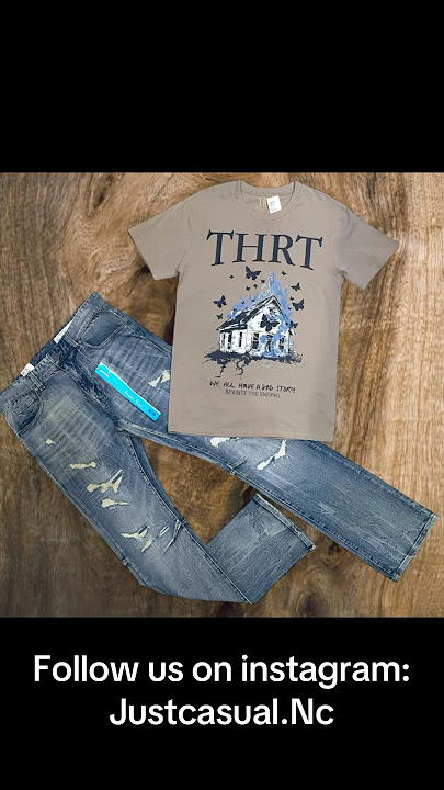 Sad Story Premium T-Shirt (Khaki) With Ripped Vintage Washed Stacked Flare Jeans (Topaz Blue) 👕👖
