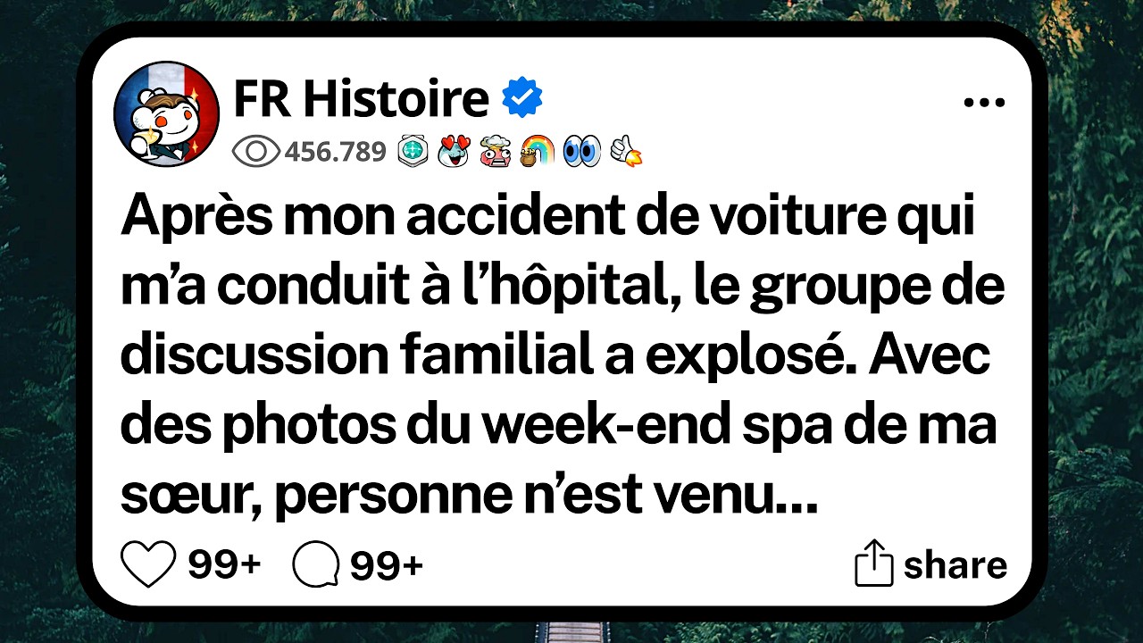 J'étais allongé dans un lit d'hôpital, les côtes cassées, après un accident de voiture, et personne dans ma famille ne l'a su. Pendant que je regardais les photos de ma sœur au spa, avec du...