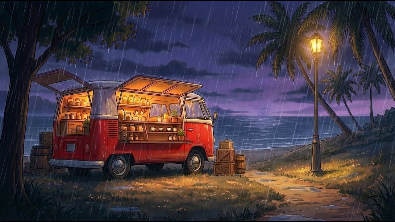 90's Chill Lofi 🌊 Rainy Beach Night Lofi Music for Study, Sleep & Relax 🌙 Calm Ocean Waves