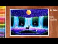 Art with oil pastels | Moonlight Waterfall scenery drawing for beginners - step by step