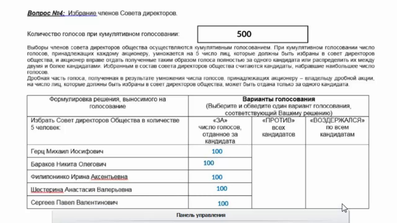 Голосование на собрании акционеров. Бюллетень для голосования на собрании акционеров. Образец кумулятивного голосования. Форма бюллетеня для голосования на общем собрании акционеров. Кумулятивное голосование пример.