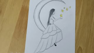 رسومات بنات//رسم بنت تجلس على قمر وتمسك النجوم للمبتدئين بالقلم الرصاص خطوه بخطوه