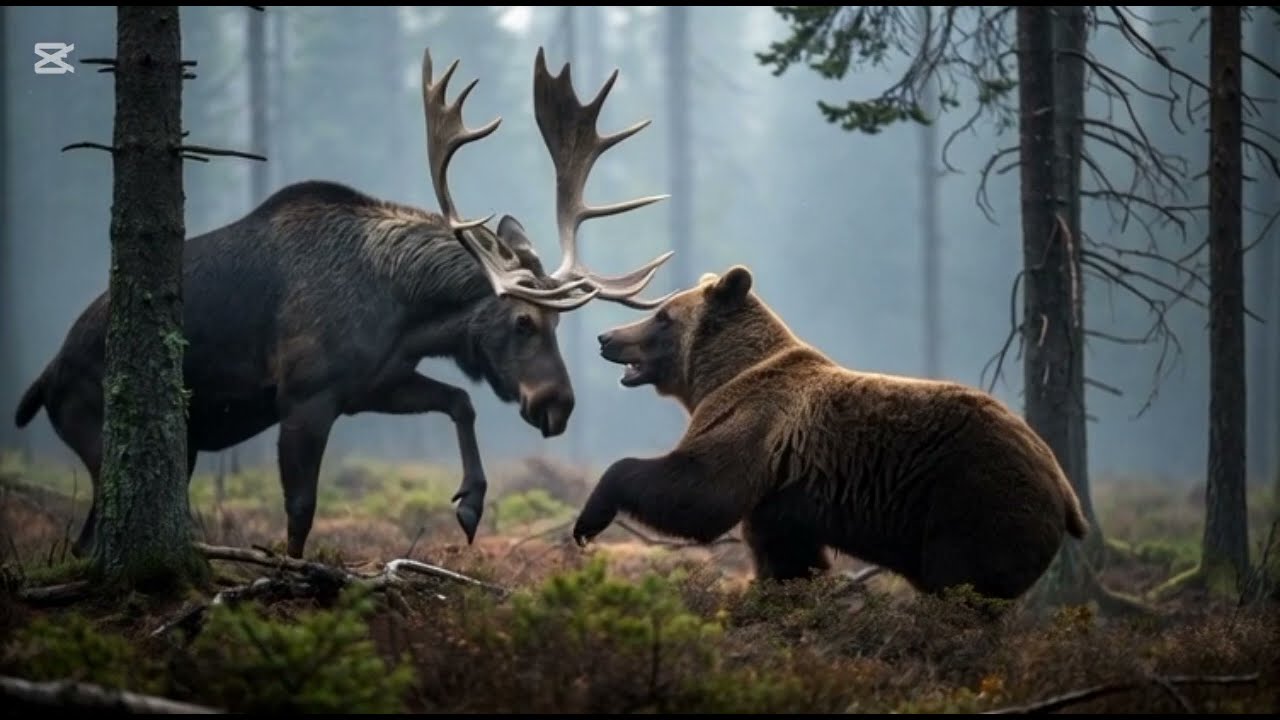 Редкая схватка лося и бурого медведя: борьба гигантов северных лесов#animals #wildanimals