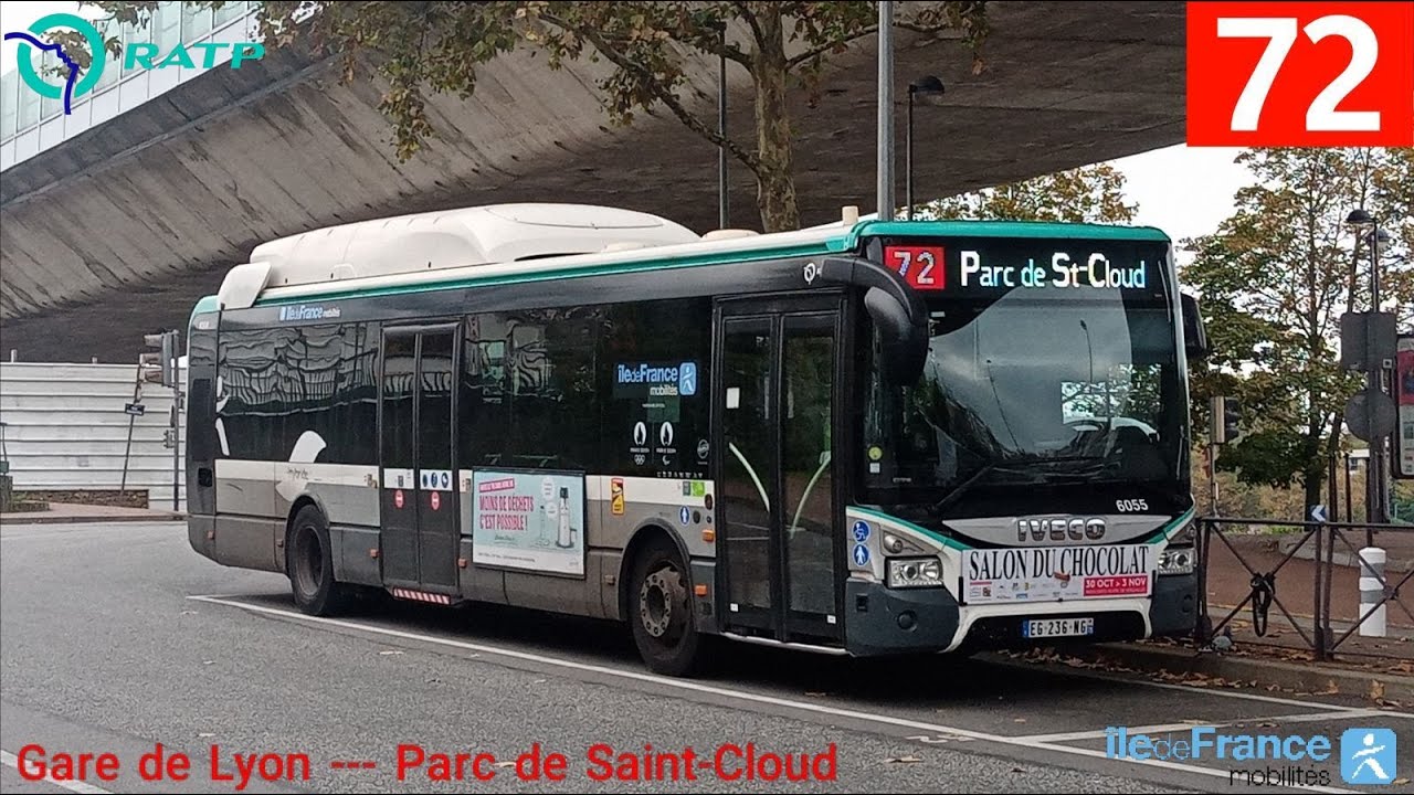 Bus 72 RATP - Urbanway 12 Hybride N°6055 Gare de Lyon --- Parc de Saint-Cloud