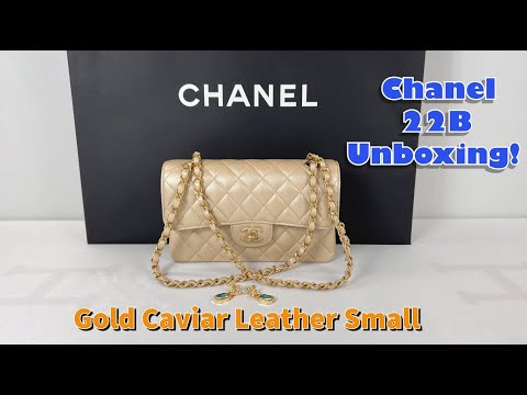 Chanel 22B Gold Caviar Leather Small Classic Flap with Matte Gold Hardware.  