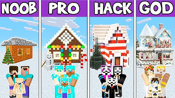 Minecraft: FAMILY CHRISTMAS HOUSE BUILD CHALLENGE - NOOB vs PRO vs HACKER vs GOD in Minecraft