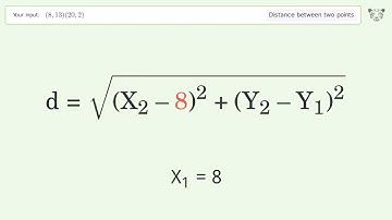 Find the distance between two points p1 (8,13) and p2 (20,2): Step-by-Step Video Solution