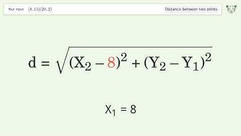 Find the distance between two points p1 (8,13) and p2 (20,2): Step-by-Step Video Solution