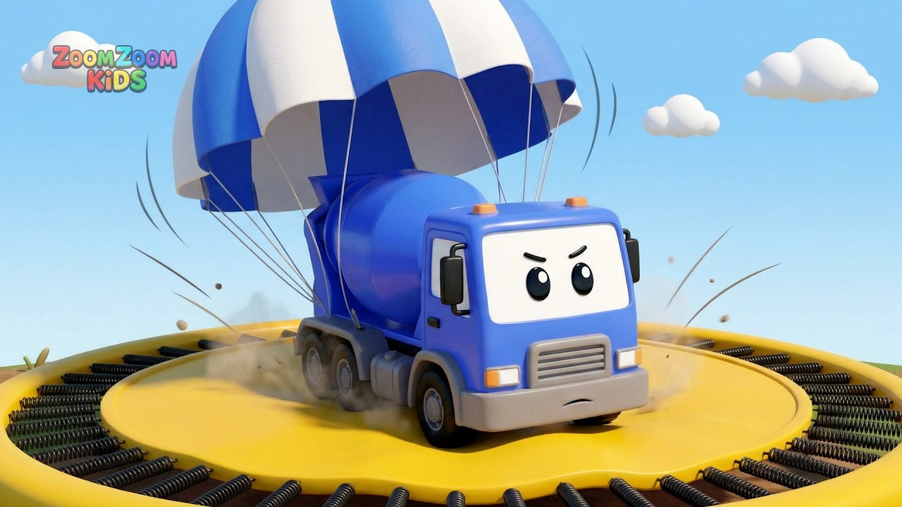 Colorful Construction Trucks Jumping on Trampoline! | 3D Nursery Rhymes for Kids