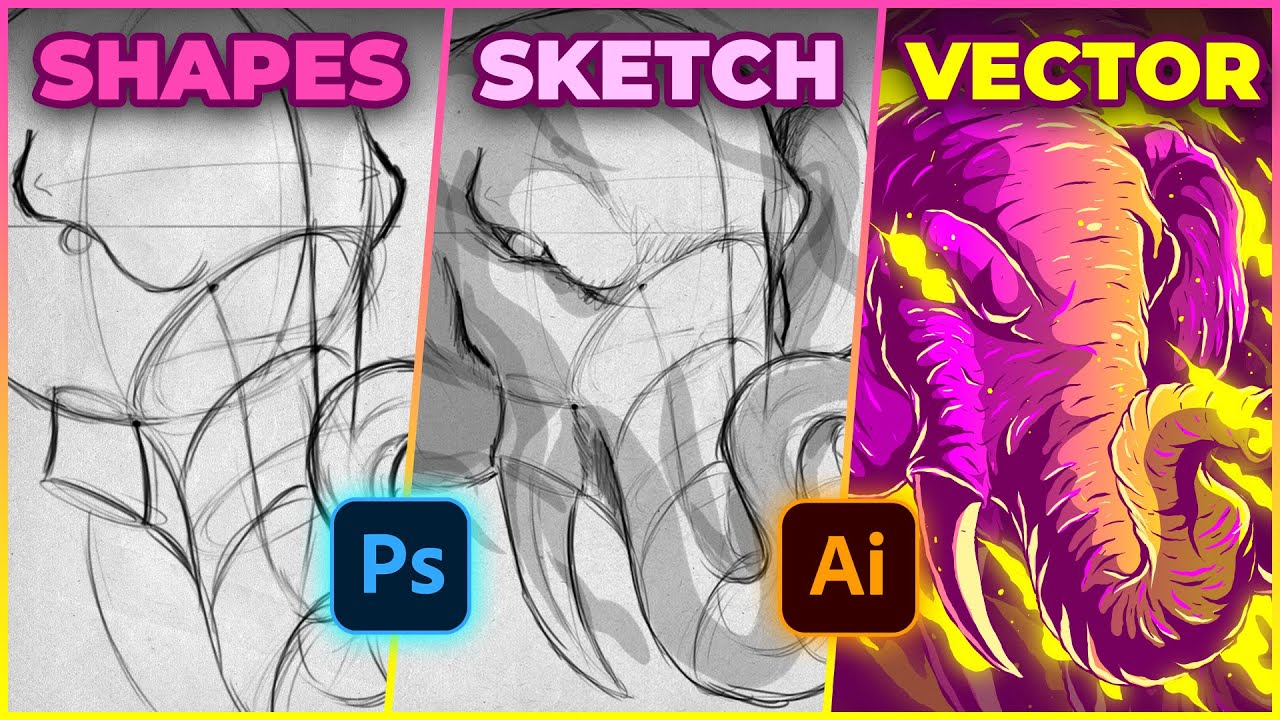 Elephant Illustration Process - Sketching on Photoshop & Coloring on Adobe Illustrator - Speed Art