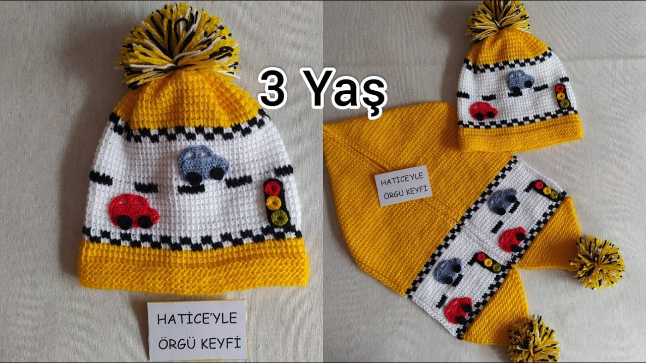 Tunus İşi Araba Süslemeli Çocuk Bere Yapımı 3 Yaş. Renkli Tek Tığ Kolay Şık Basit Bebek Şapka Tarifi