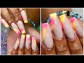 Simple Nude and Neon Nail Art Design Tutorial | Coffin Shape Acrylic Nails | Infill