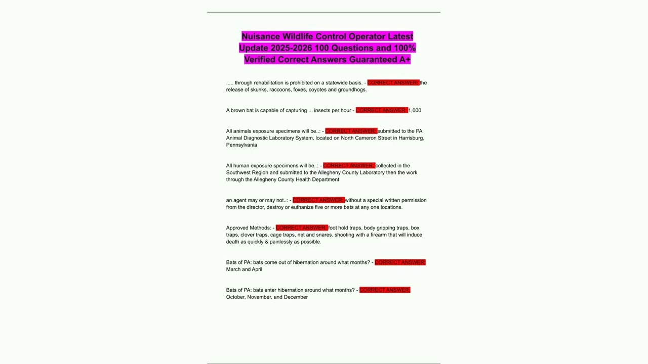 Nuisance Wildlife Control Operator Latest Update 2025 2026 100 Questions and 100% Verified Correct A