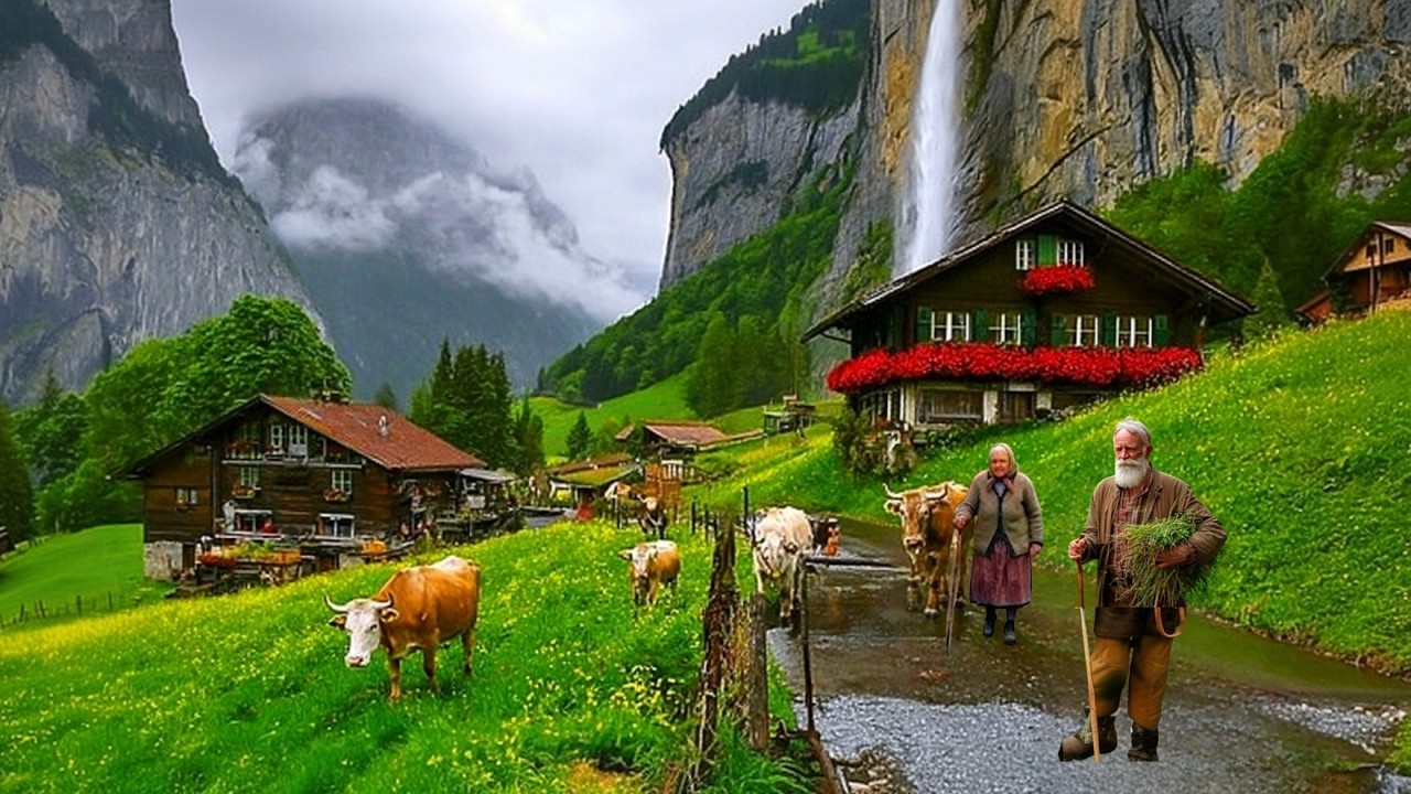 Heaven Rainy Morning in Grindelwald Switzerland | Milking Cows, Green Pastures Villages
