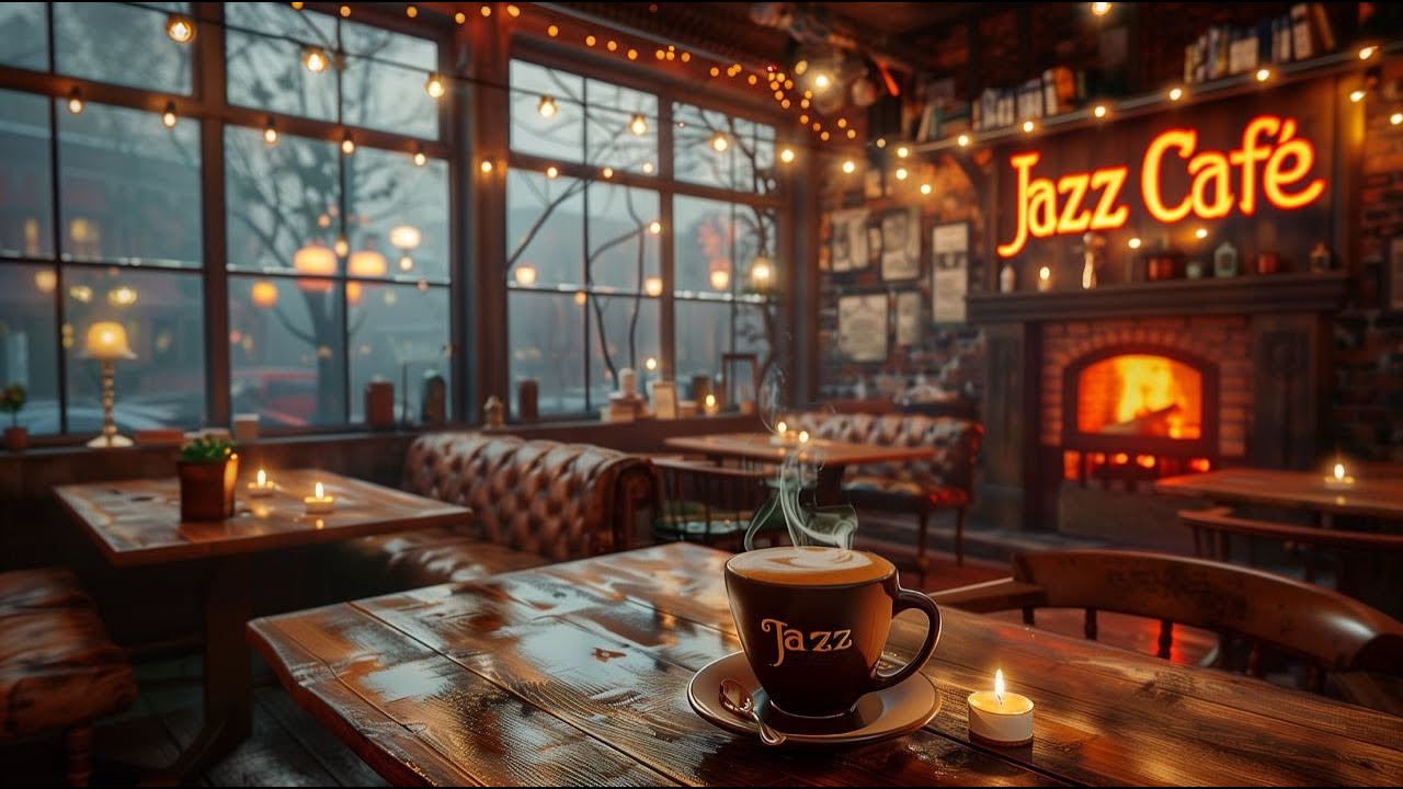 Warm Evening Café — Soft Jazz, Candles & Fireplace Ambience