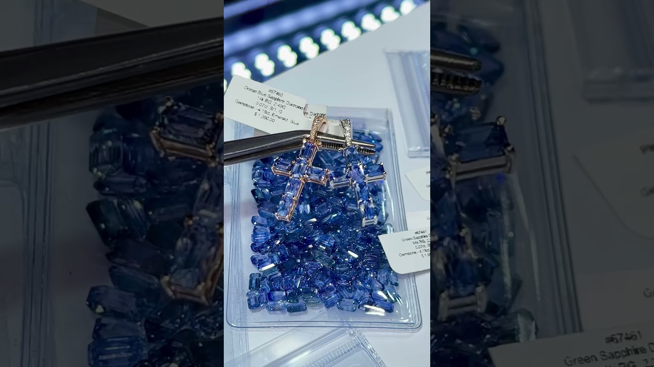 TraxNYC Reviews: Ocean Blue Emerald Cut Sapphire Cross Pendant 4.25ct (