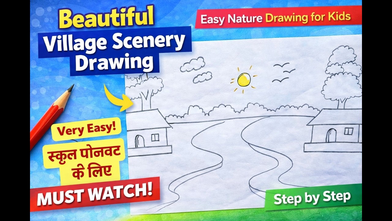 Beautiful Village Scenery Drawing | Easy Nature Drawing for Kids