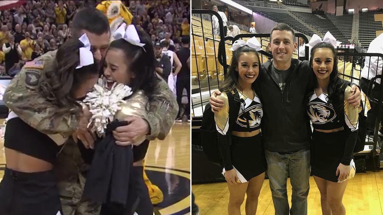 Military Dad Surprises His Twin Cheerleader Daughters at College Basketball  Game - YouTube