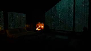 Sleep Better with Gentle Window Rain & Soft Piano Music  | Warm Cabin Fireplace Ambience screenshot 1