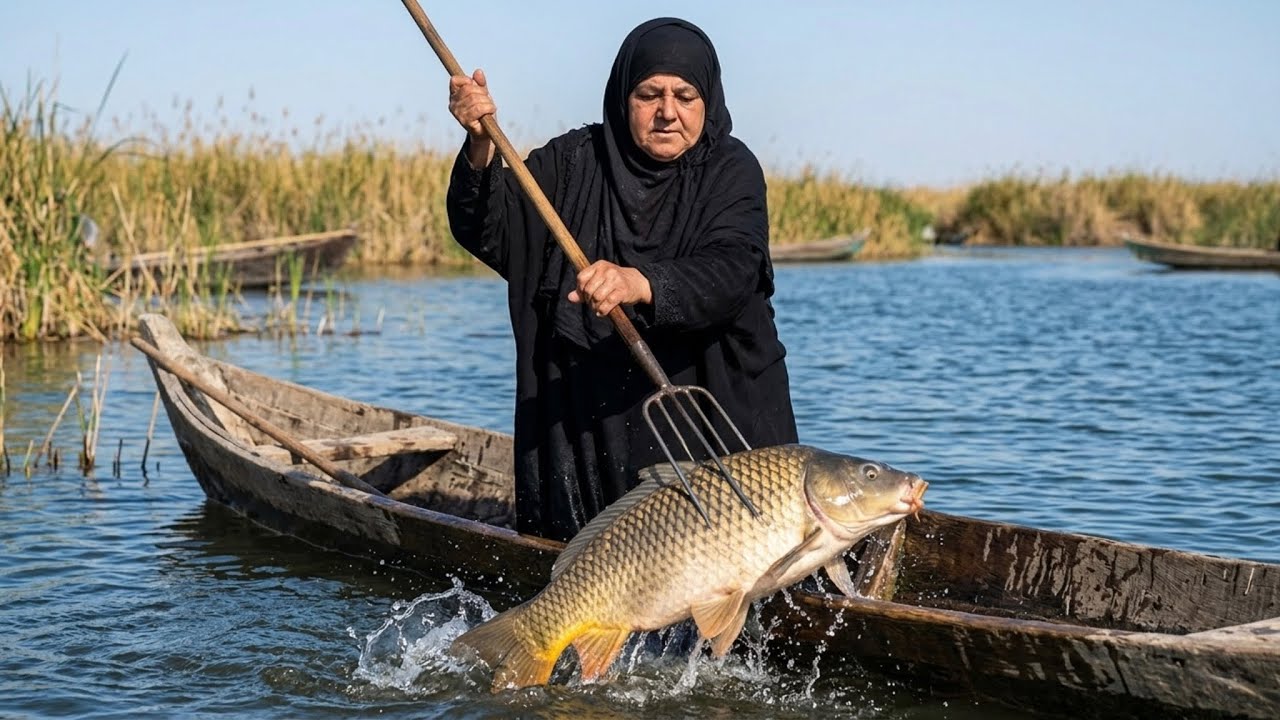 الحجية فاطمه تصيد سمكه بالفاله عن طريق تعليف مكان الصيد بحنطة مفوره بعد رجوع المياه إلى الاهوار
