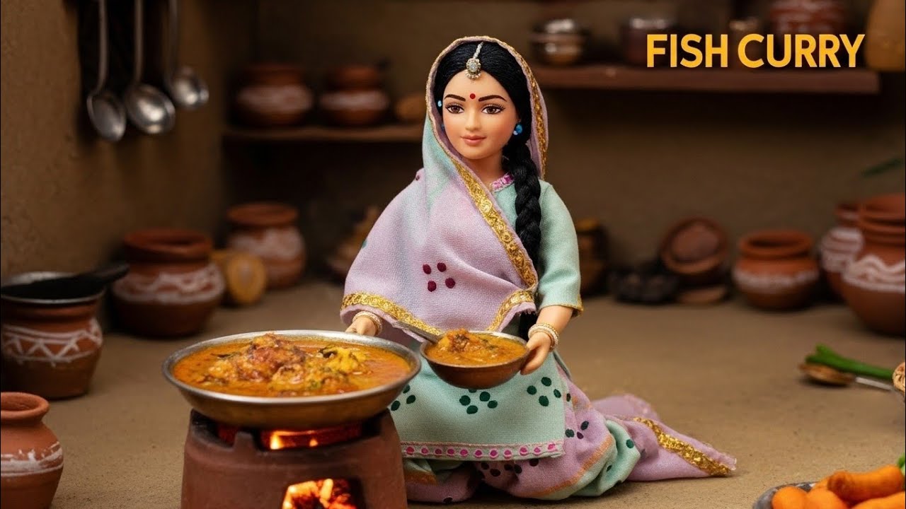 Miniature Doll Fish Curry Cooking ASMR | Indian Village Tiny Kitchen Recipe