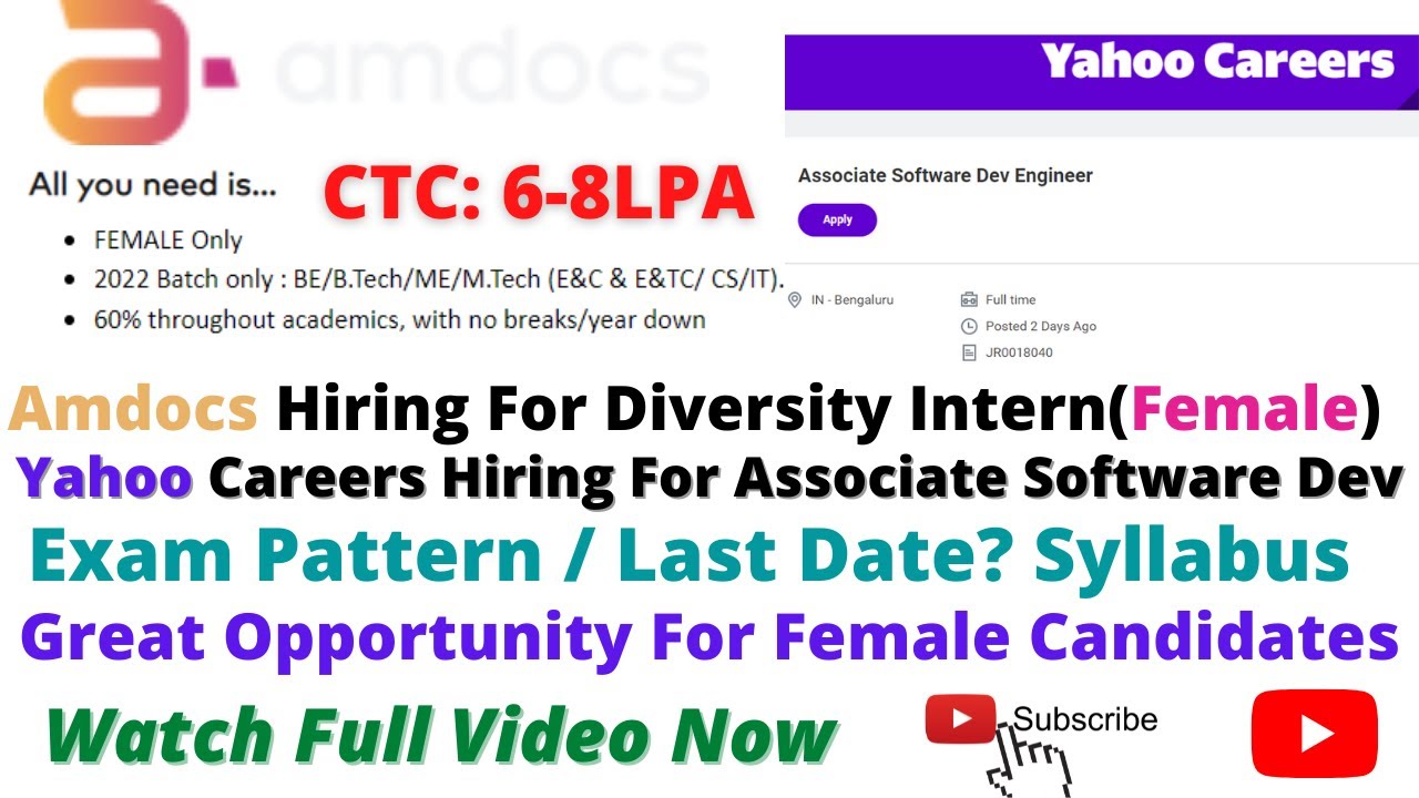 Amdocs Hiring For Diversity Intern(Female) / Yahoo Careers Hiring