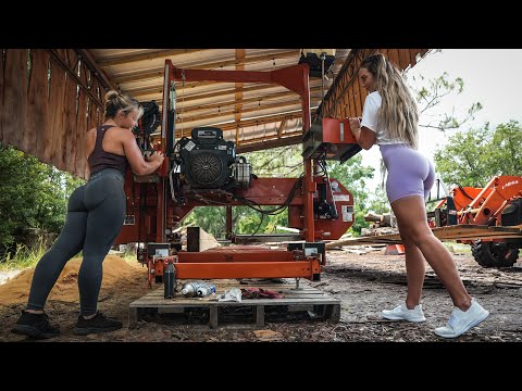 Two Beautiful Blondes Cutting Dimensional Lumber On The Sawmill