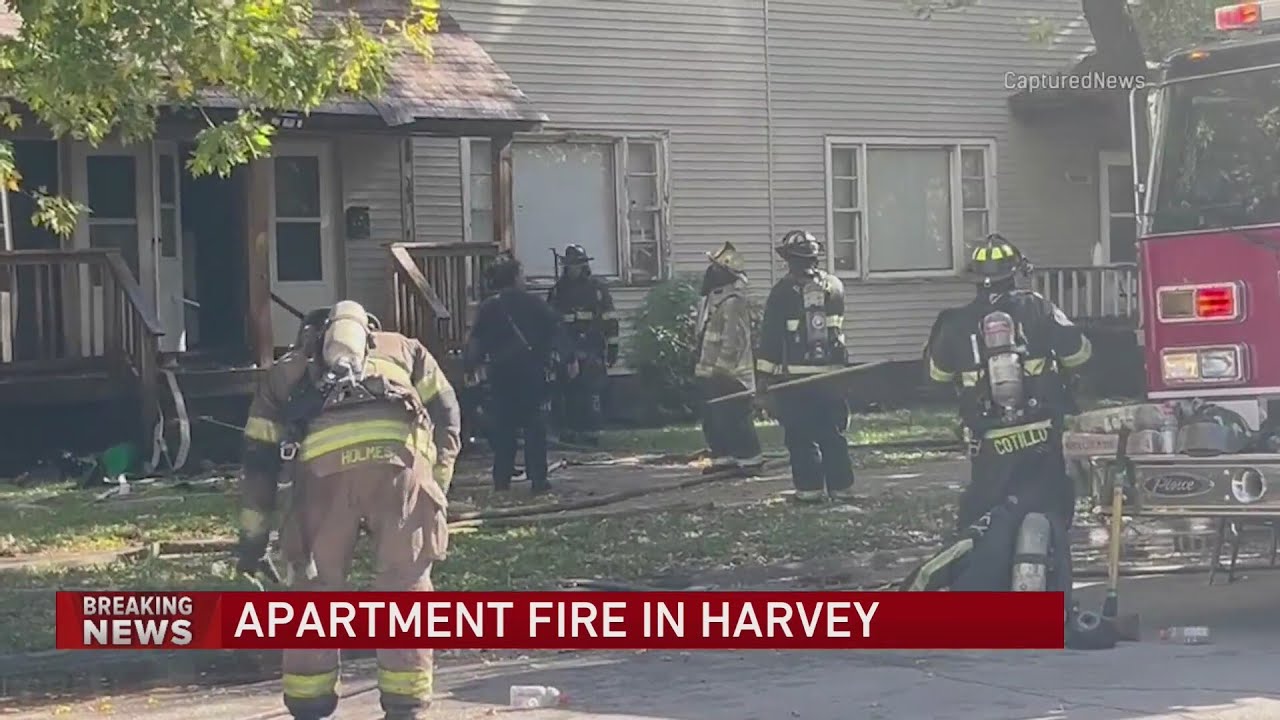 Crews battle three-alarm fire in Harvey - YouTube